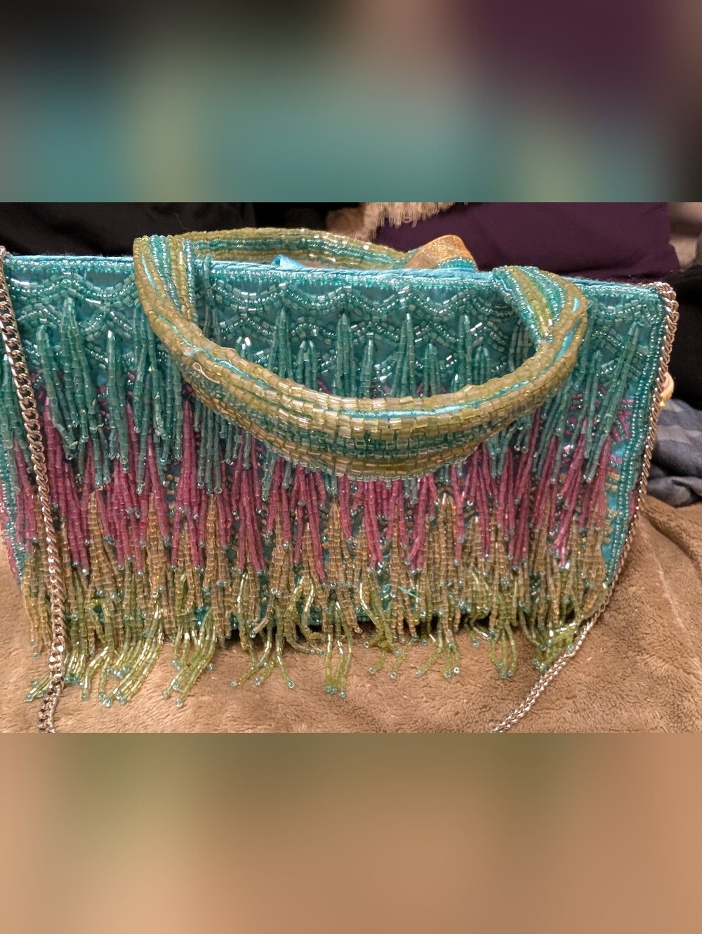 Viral Beaded Fringe Tote Bag - Turquoise Pink Green Mermaid